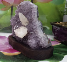 Load image into Gallery viewer, Amethyst Geode inlaid with white quartz set on Wood Base, Raw Amethyst Cluster