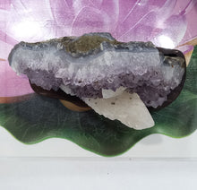 Load image into Gallery viewer, Amethyst Geode inlaid with white quartz set on Wood Base, Raw Amethyst Cluster